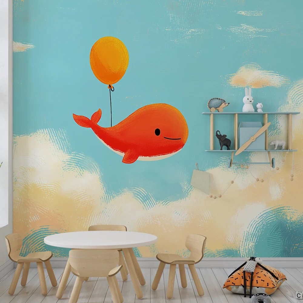 Papel de parede quarto bebê | Baleia feliz no céu