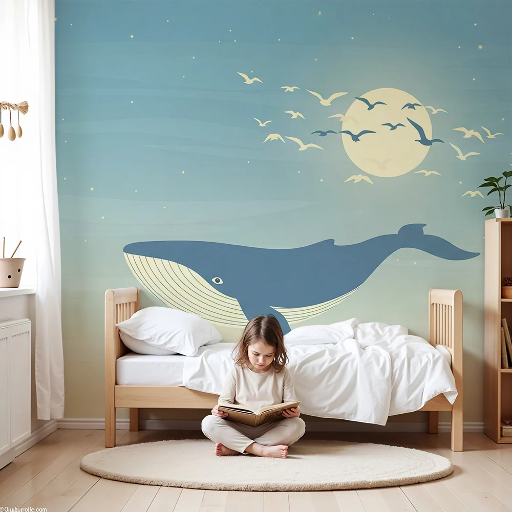 Papel de parede quarto bebê | Baleia majestosa sob lua com pássaros voando