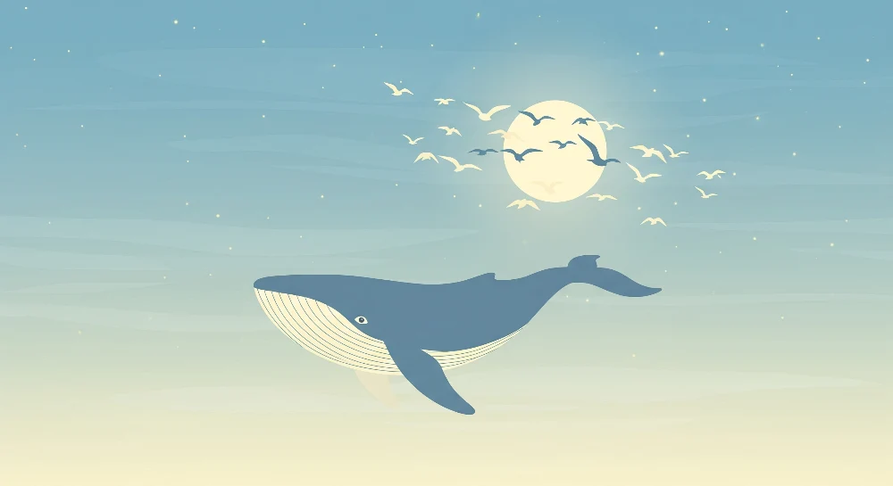 Papel de parede quarto bebê | Baleia majestosa sob lua com pássaros voando