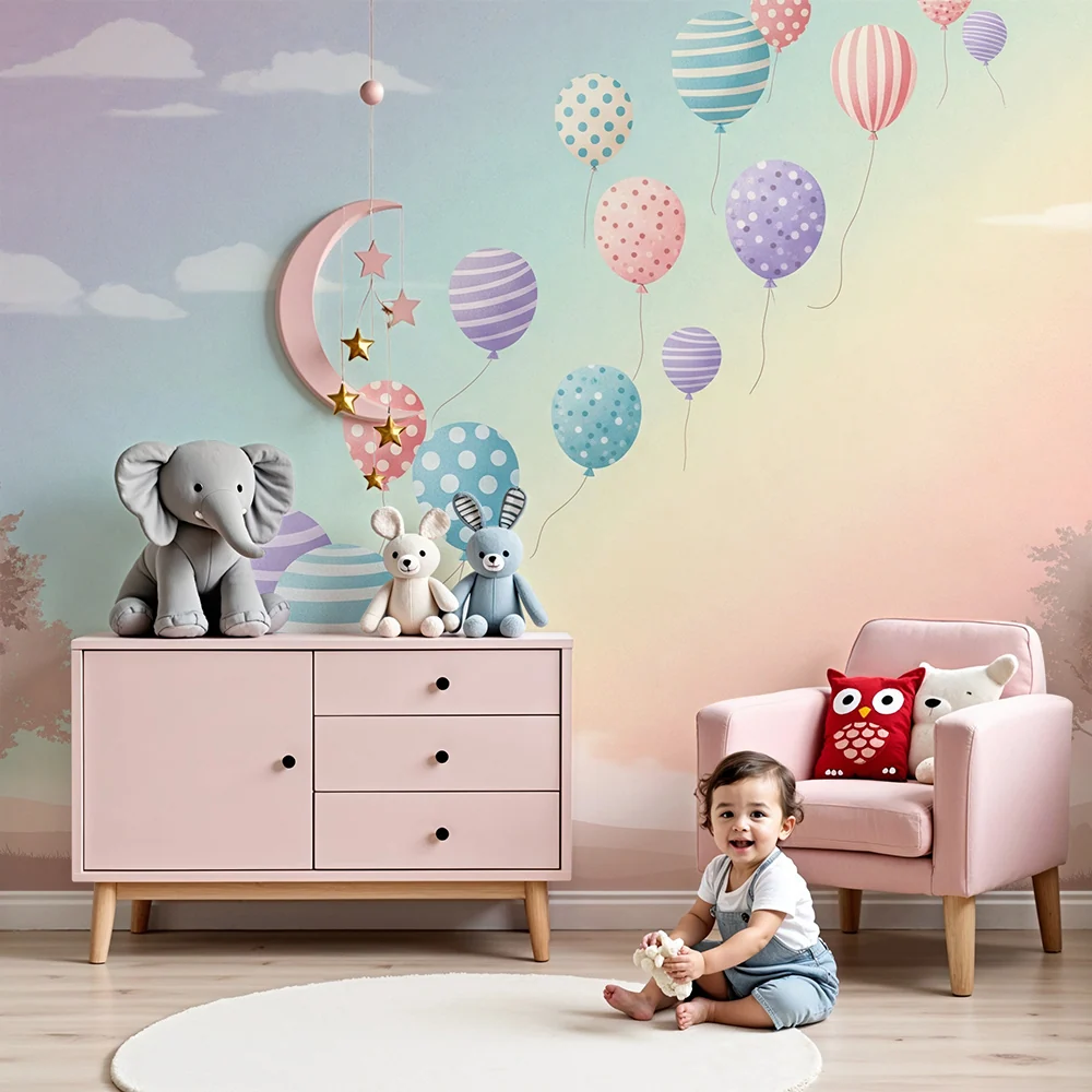 Papel de parede quarto bebê | Balões coloridos flutuando num céu pastel