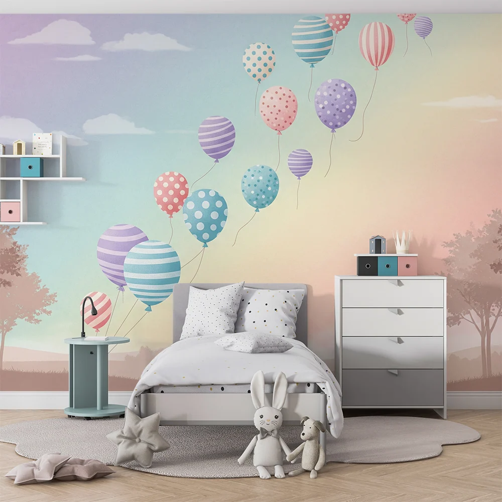 Papel de parede quarto bebê | Balões coloridos flutuando num céu pastel