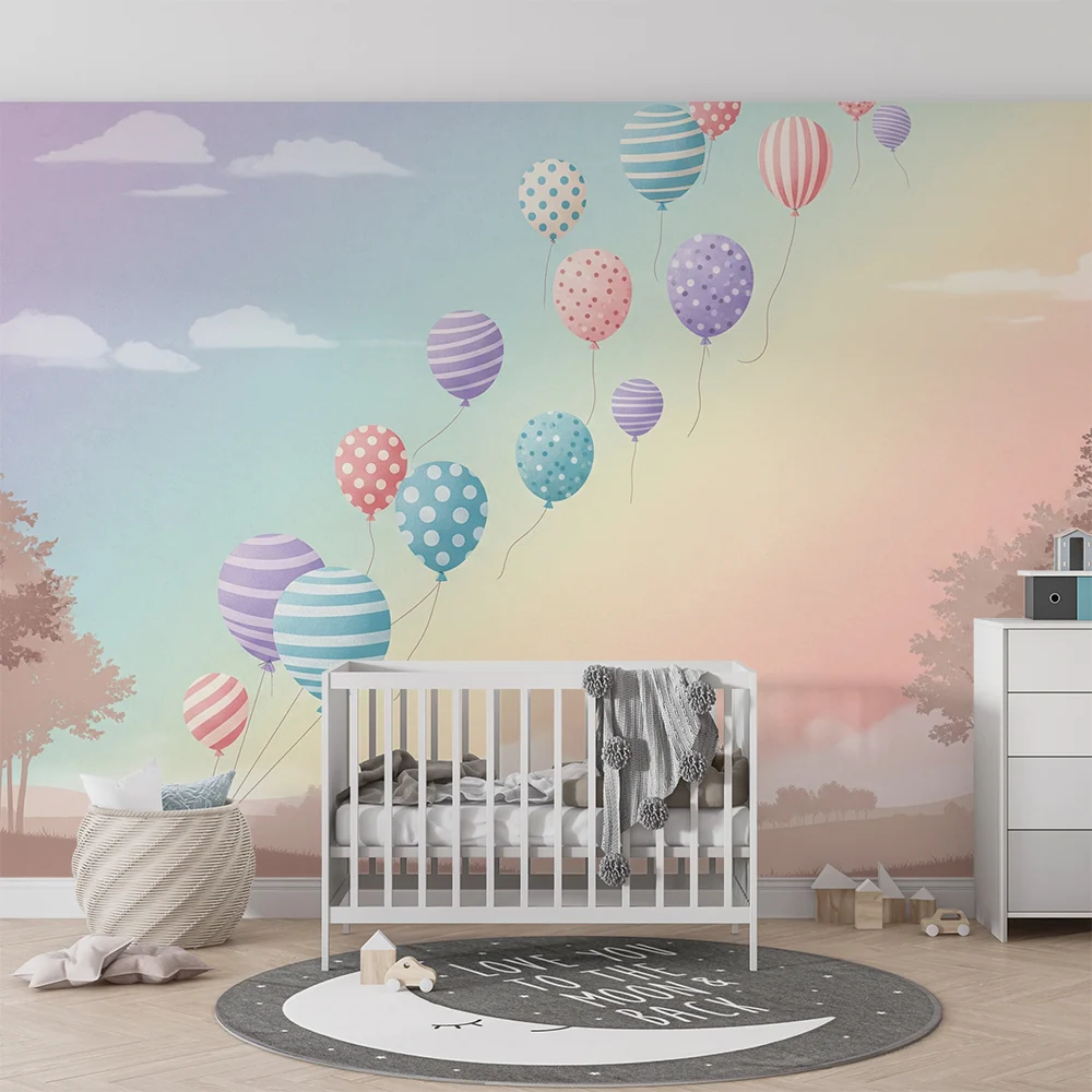 Papel de parede quarto bebê | Balões coloridos flutuando num céu pastel