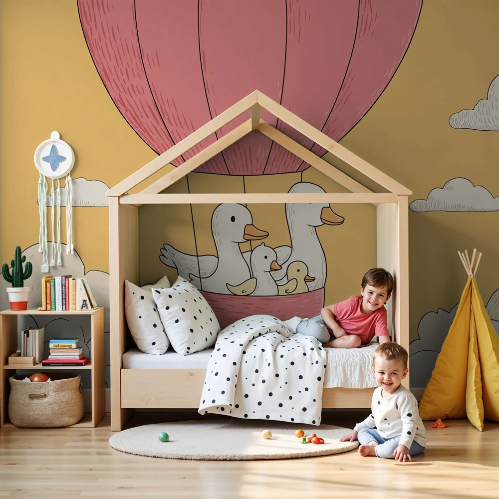 Papel de parede quarto bebê | Balão de ar quente com patos felizes