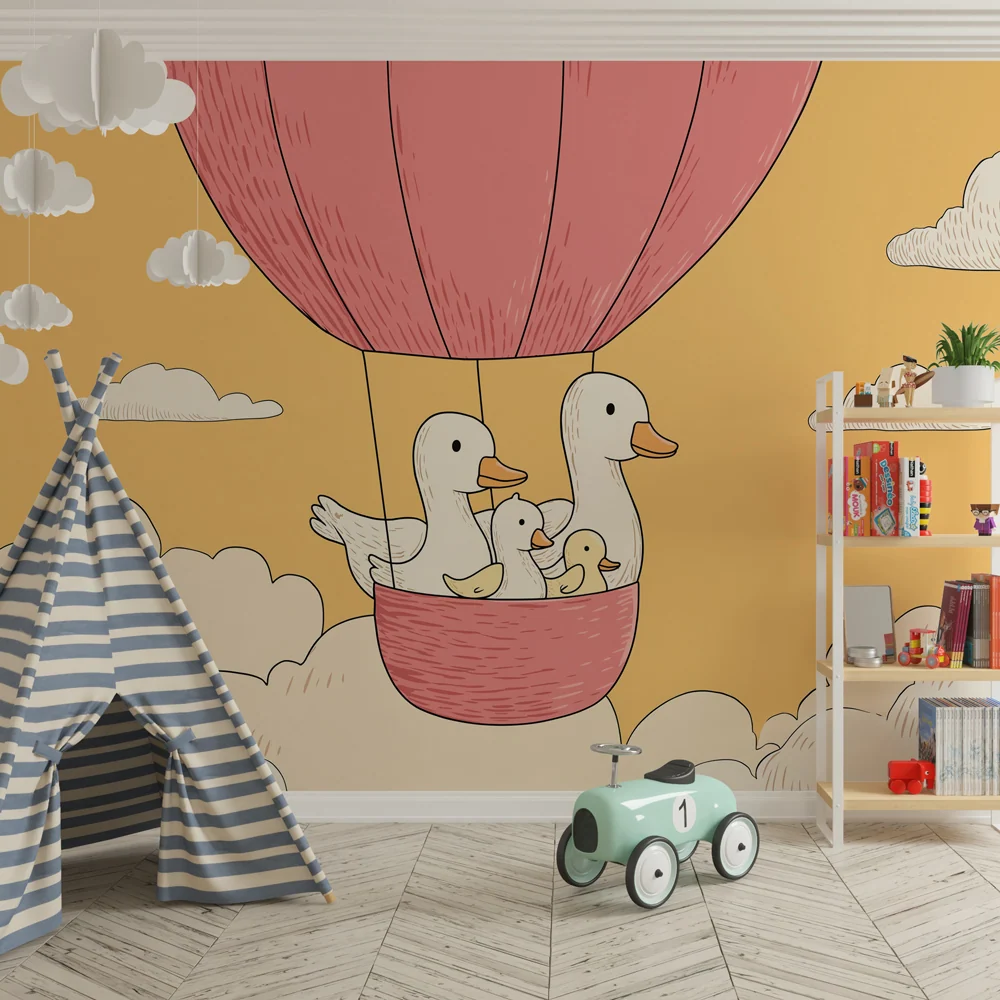 Papel de parede quarto bebê | Balão de ar quente com patos felizes