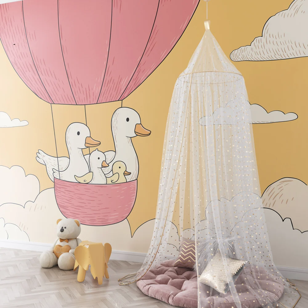 Papel de parede quarto bebê | Balão de ar quente com patos felizes