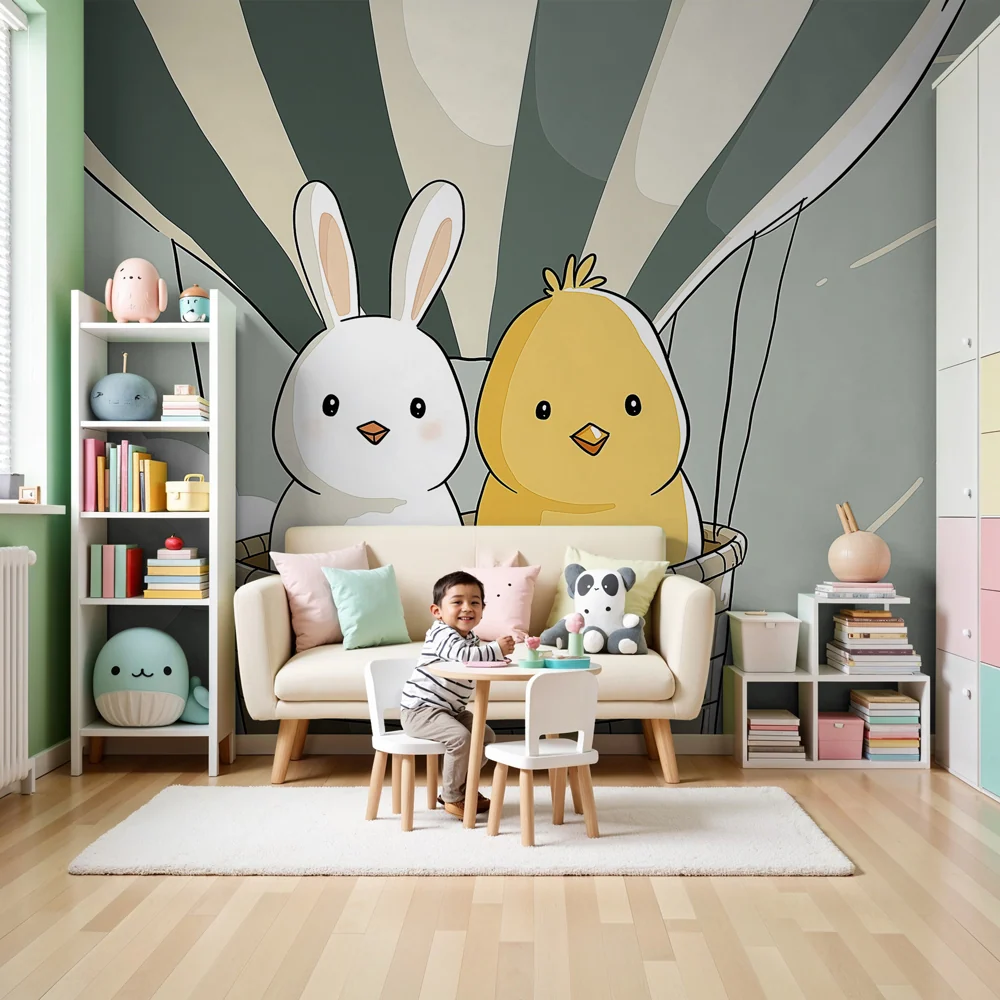 Papel de parede quarto bebê | Balão de ar quente com um coelho e um pintainho