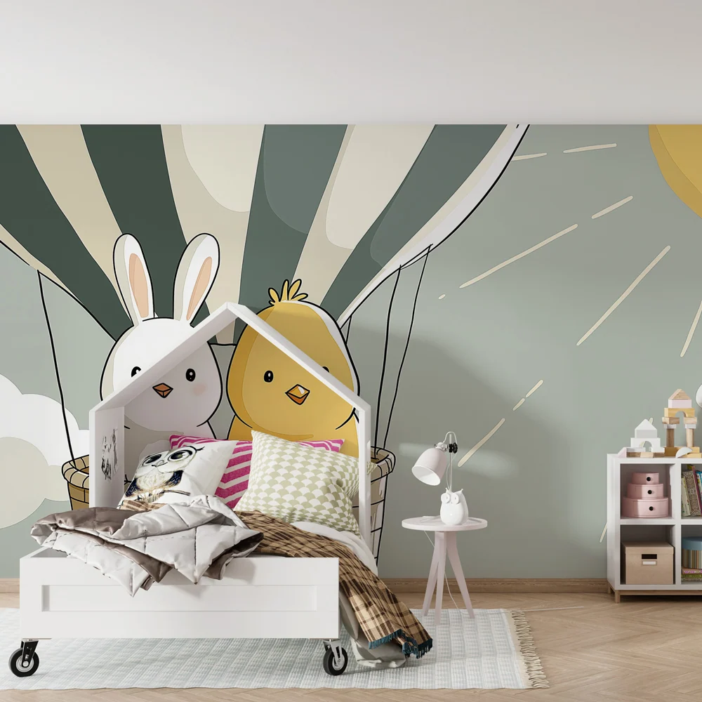 Papel de parede quarto bebê | Balão de ar quente com um coelho e um pintainho