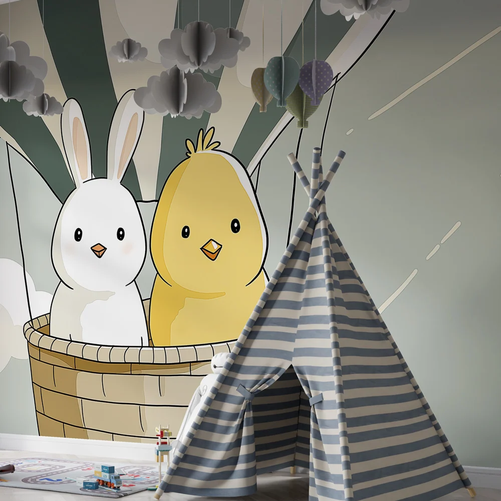 Papel de parede quarto bebê | Balão de ar quente com um coelho e um pintainho