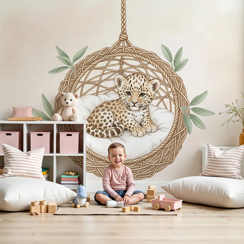 Papel de parede quarto bebê | Bebê leopardo em uma cesta suspensa