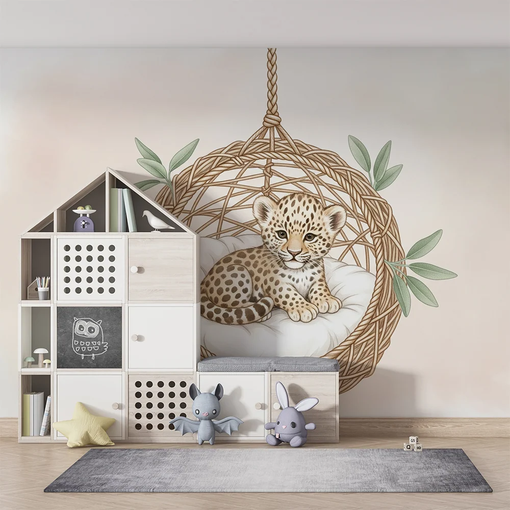Papel de parede quarto bebê | Bebê leopardo em uma cesta suspensa