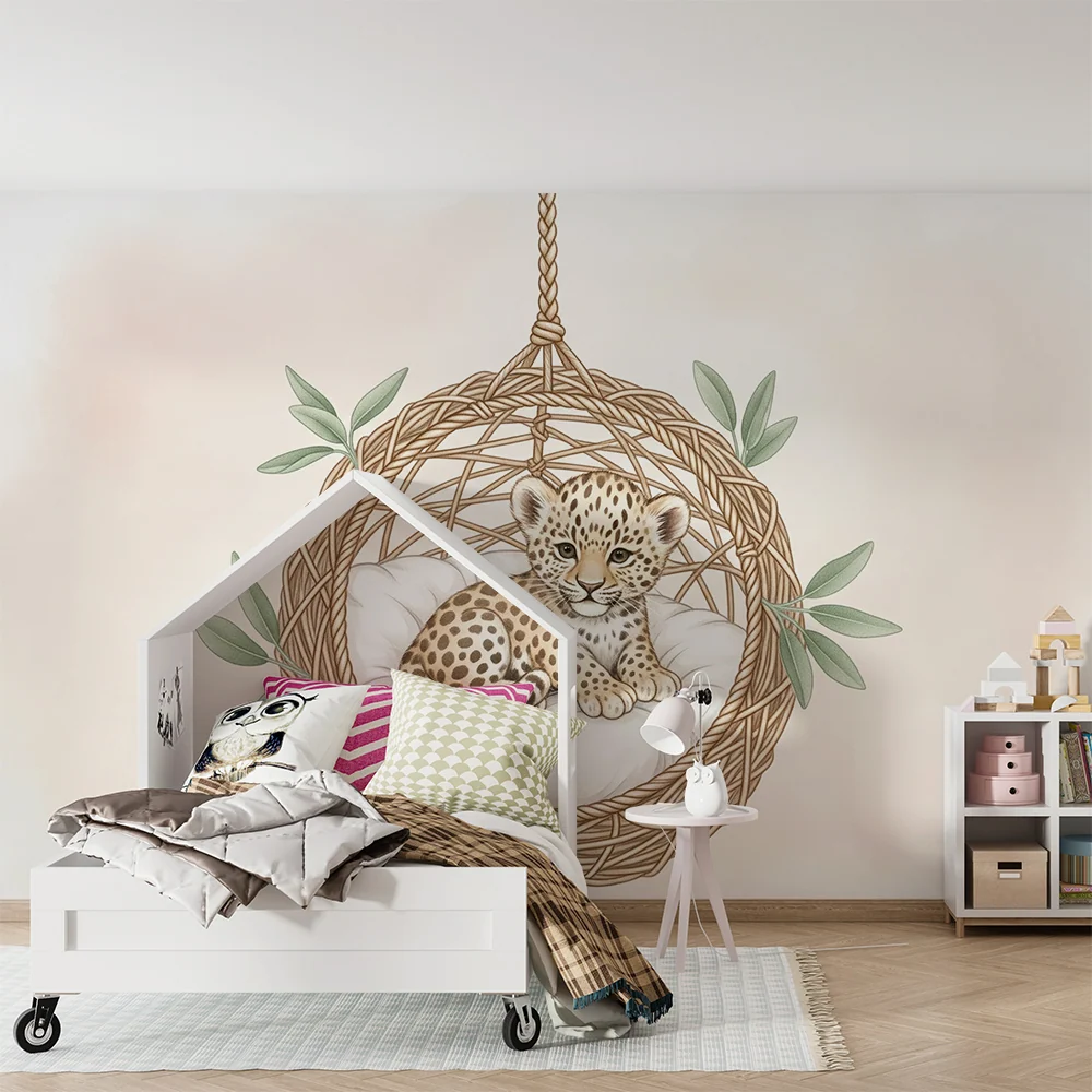 Papel de parede quarto bebê | Bebê leopardo em uma cesta suspensa