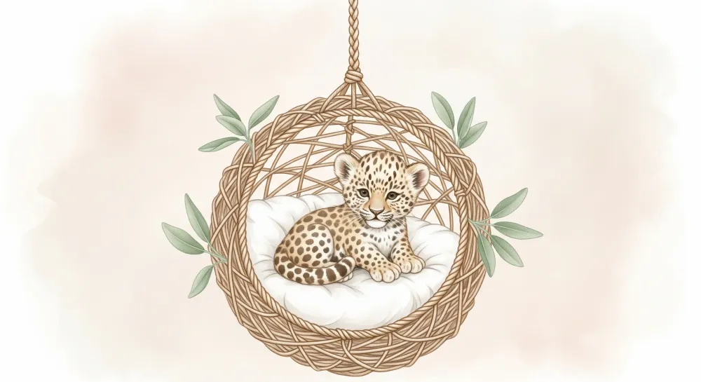 Papel de parede quarto bebê | Bebê leopardo em uma cesta suspensa