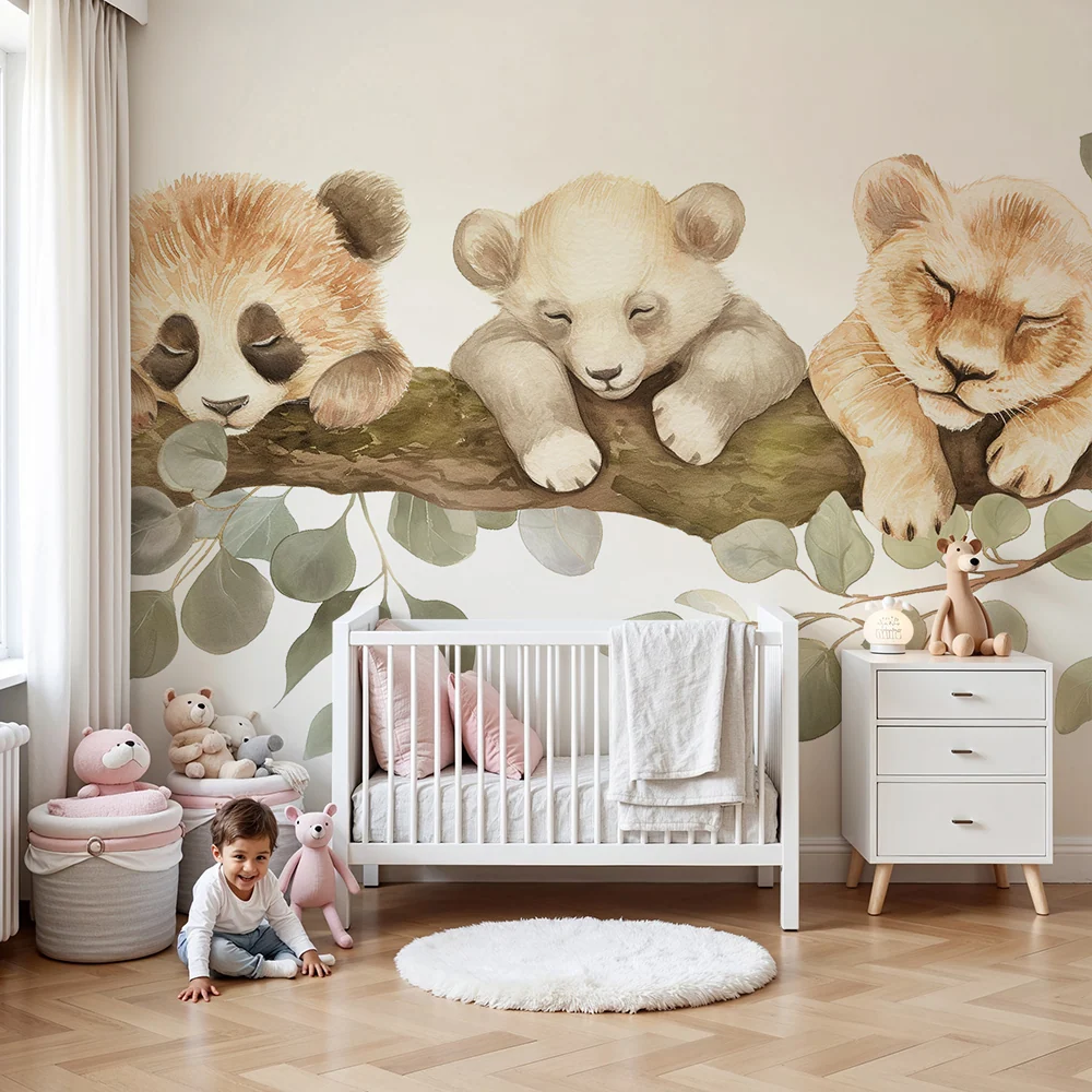 Papel de parede quarto bebê | Bebê panda, ursinho e leãozinho adormecidos num ramo