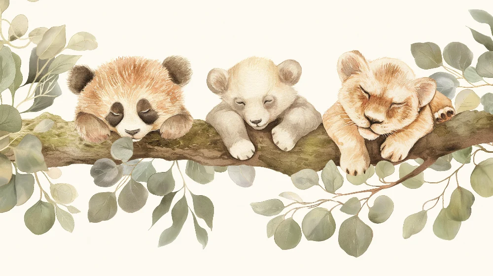 Papel de parede quarto bebê | Bebê panda, ursinho e leãozinho adormecidos num ramo