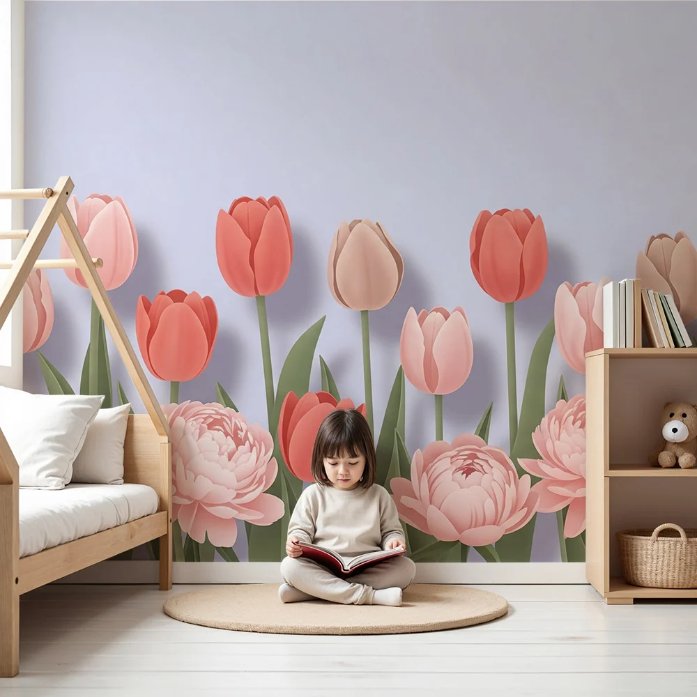 Papel de parede quarto bebê | Buquês de tulipas pastel