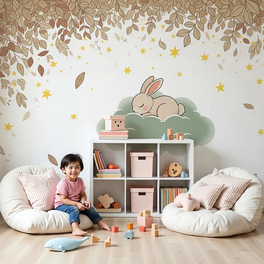 Papel de parede quarto bebê | Coelho adormecido numa nuvem