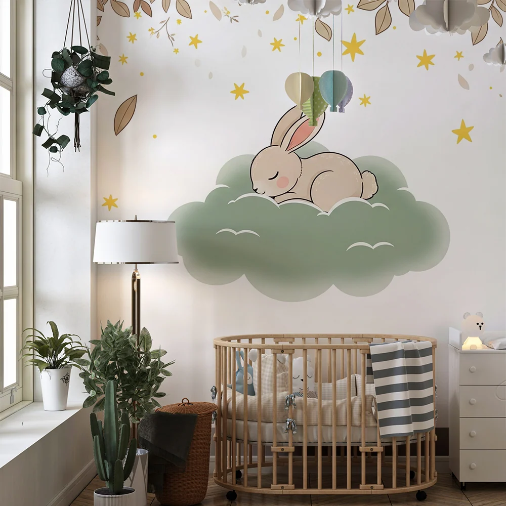 Papel de parede quarto bebê | Coelho adormecido numa nuvem