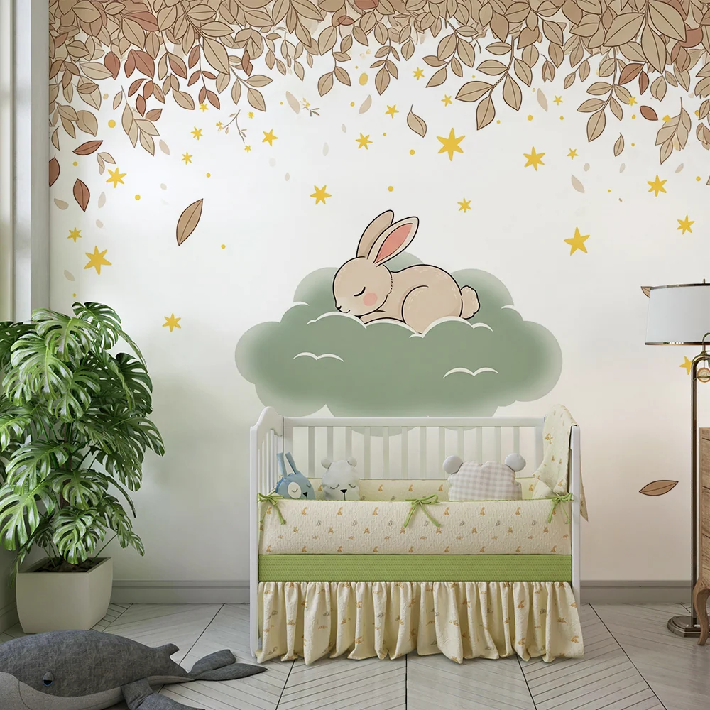 Papel de parede quarto bebê | Coelho adormecido numa nuvem