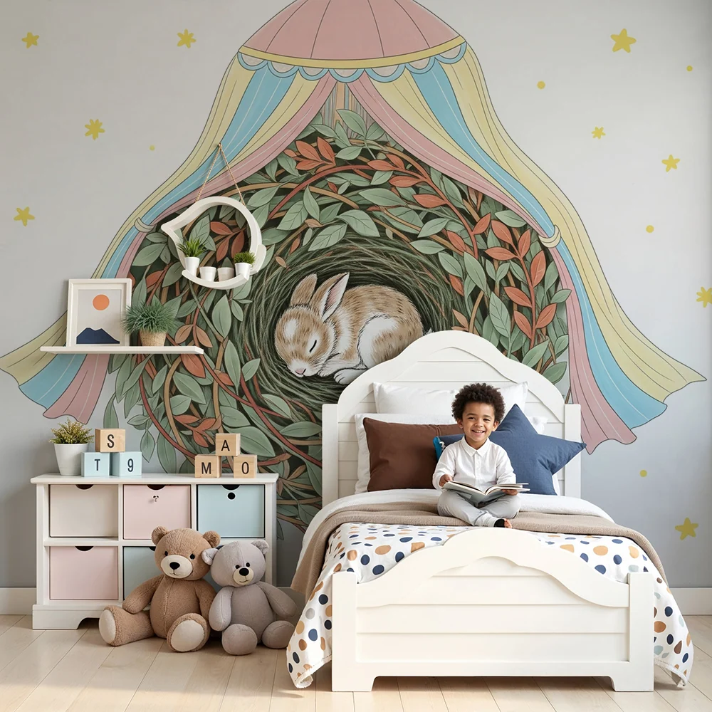 Papel de parede quarto bebê | Coelho adormecido em um ninho aconchegante