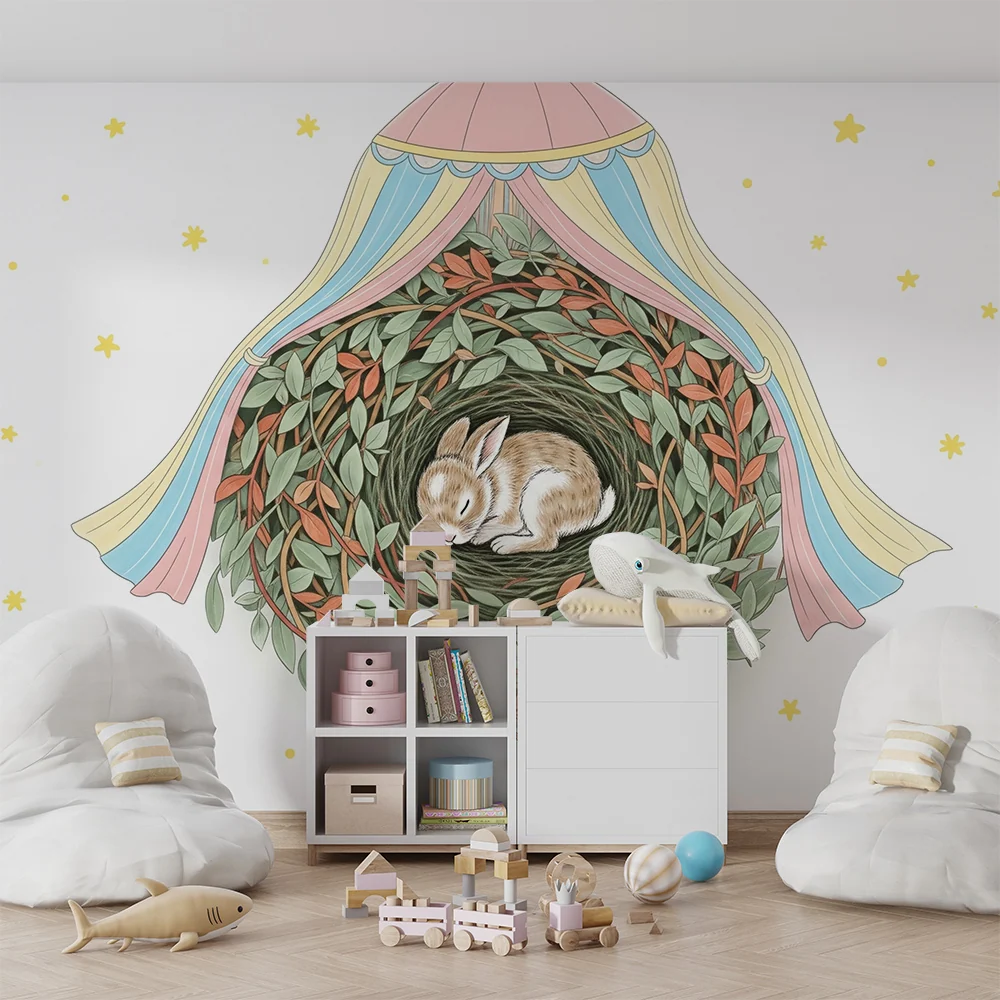 Papel de parede quarto bebê | Coelho adormecido em um ninho aconchegante