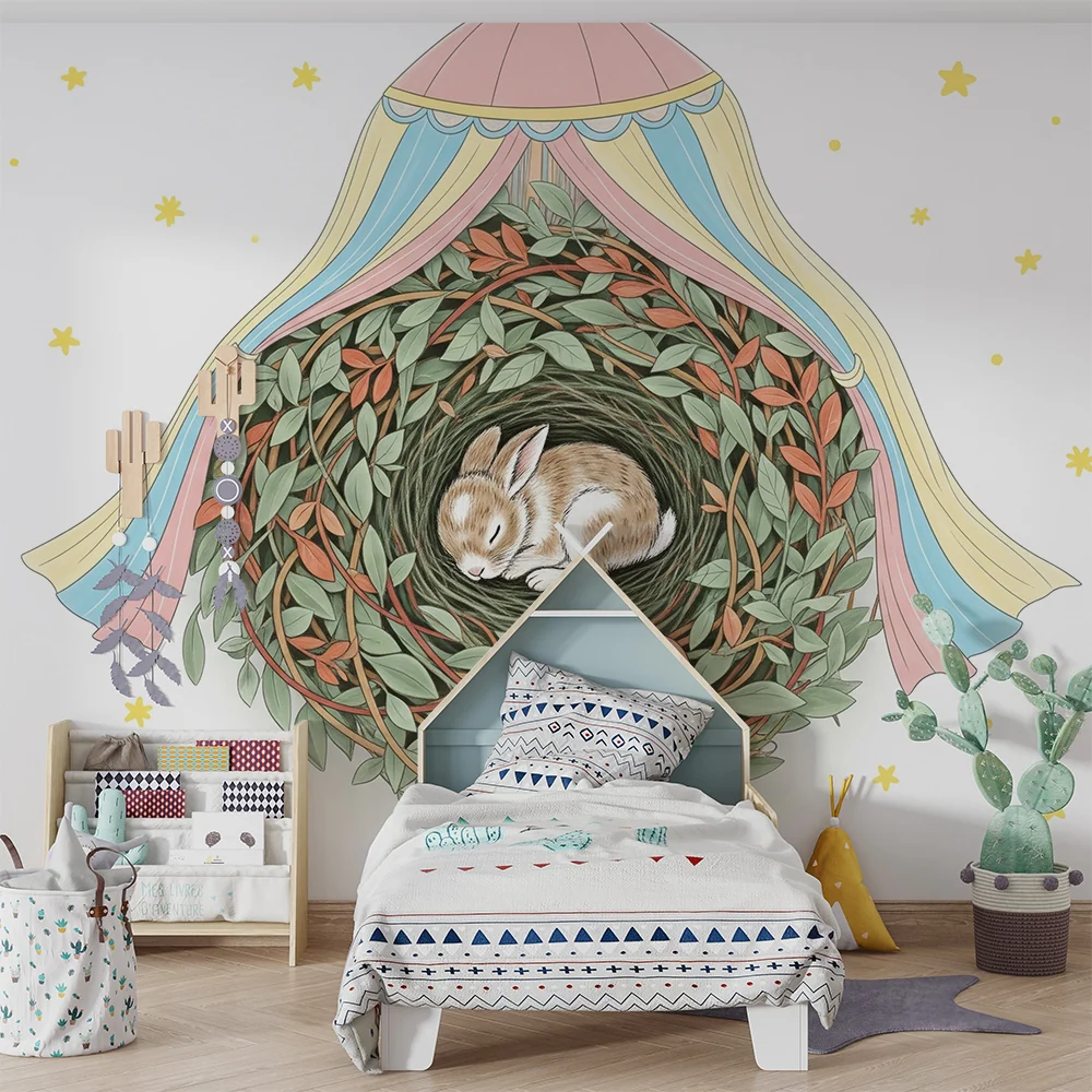 Papel de parede quarto bebê | Coelho adormecido em um ninho aconchegante