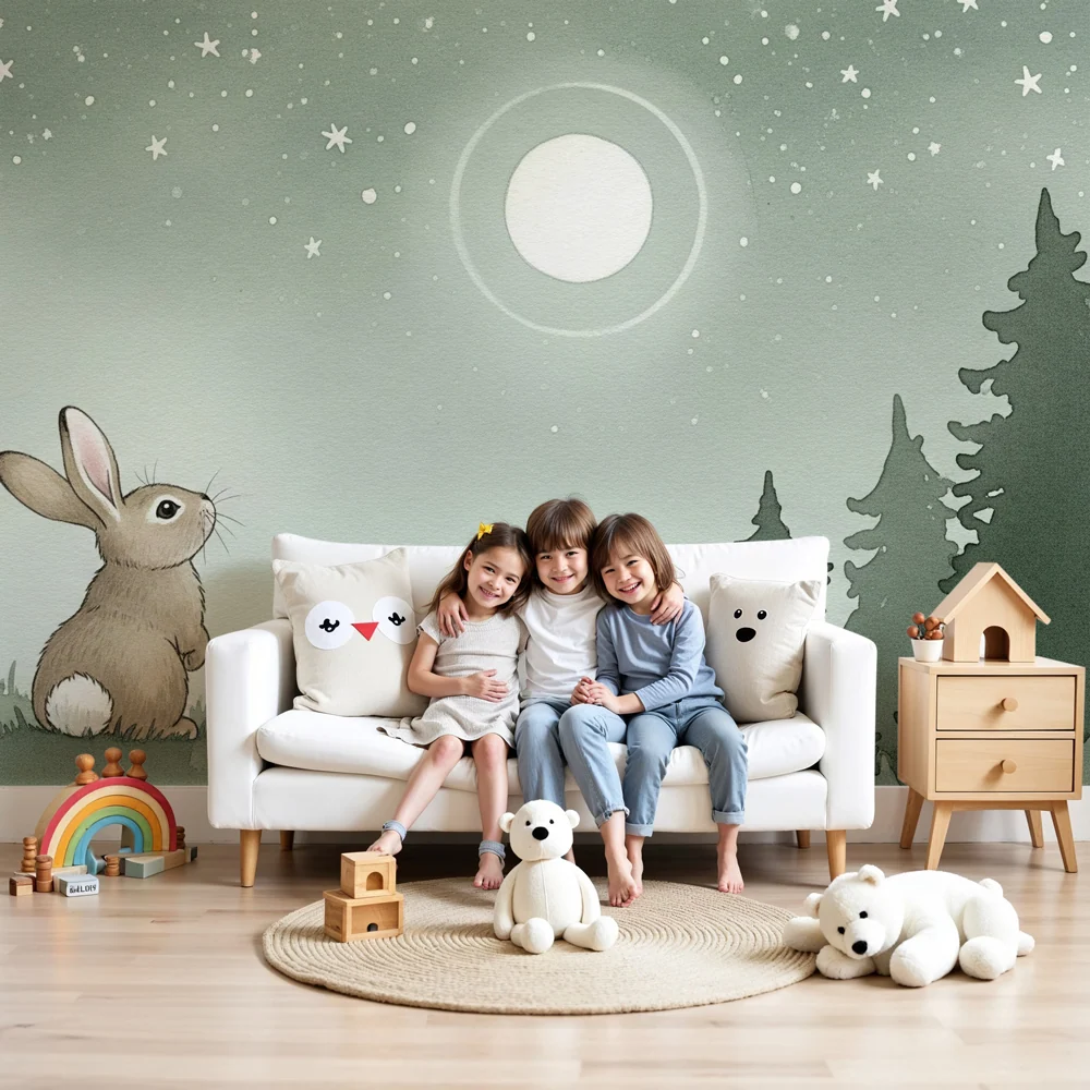 Papel de parede quarto bebê | Coelho sob lua