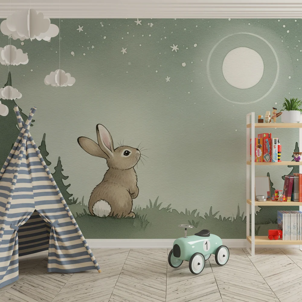 Papel de parede quarto bebê | Coelho sob lua