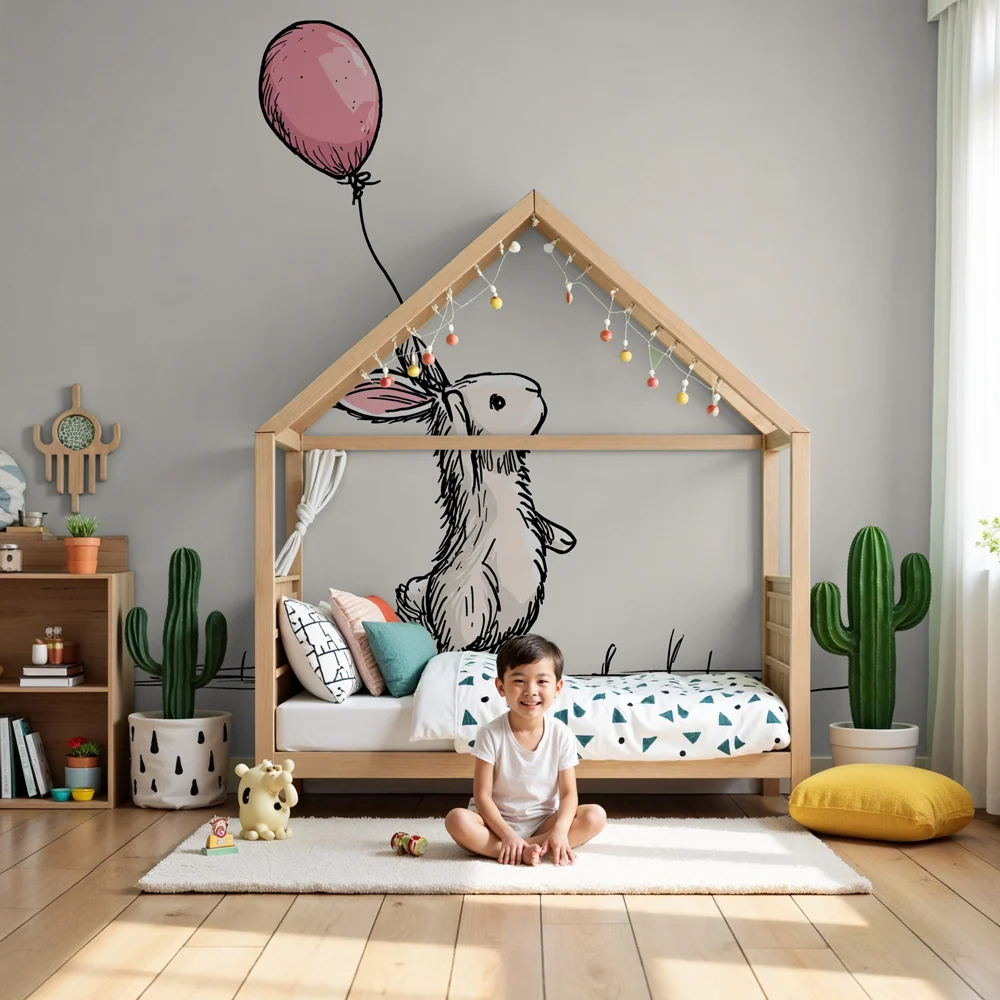 Papel de parede quarto bebê | Coelho travesso com balão cor-de-rosa