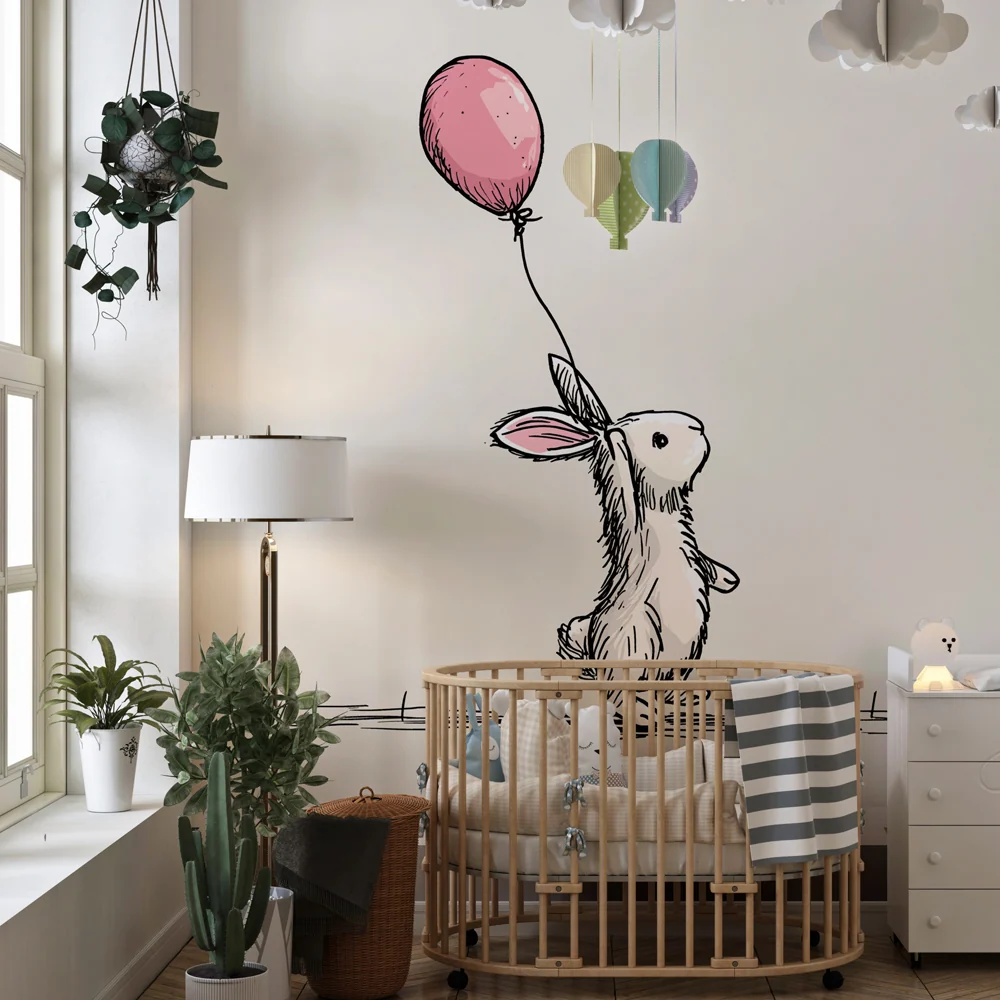 Papel de parede quarto bebê | Coelho travesso com balão cor-de-rosa