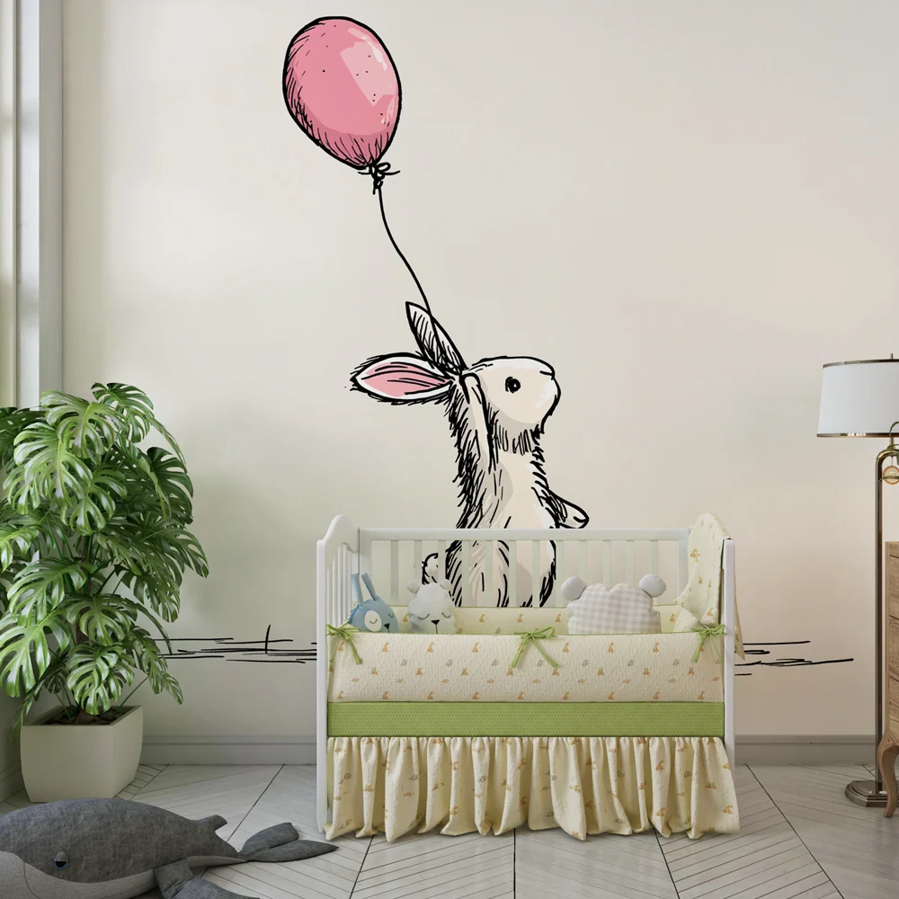 Papel de parede quarto bebê | Coelho travesso com balão cor-de-rosa