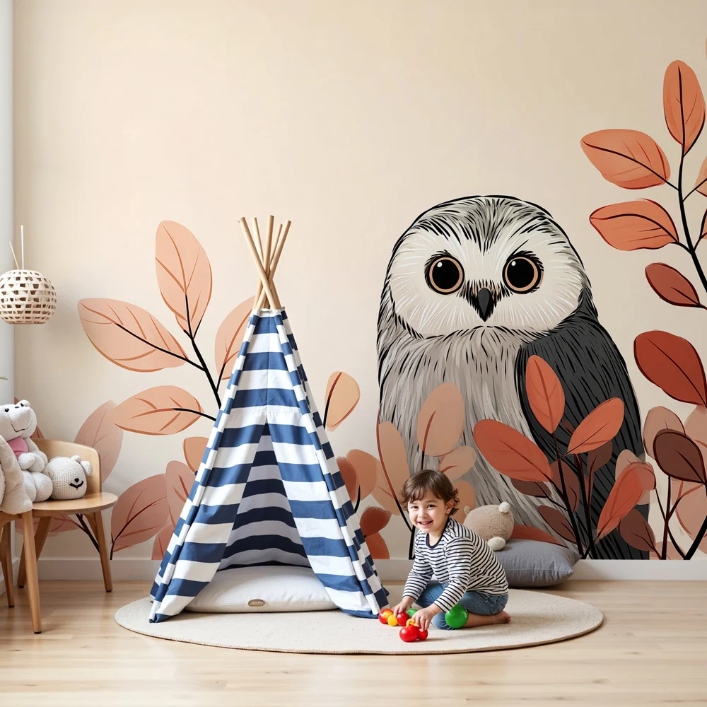 Papel de parede quarto bebê | Coruja curiosa entre as folhas de outono