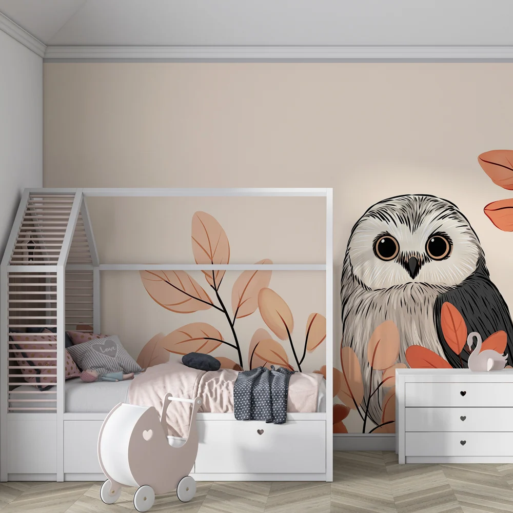 Papel de parede quarto bebê | Coruja curiosa entre as folhas de outono