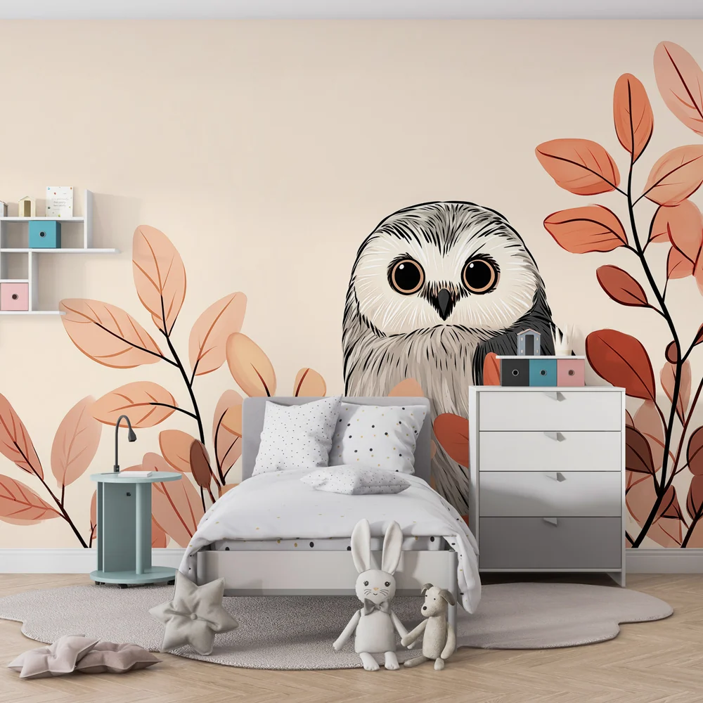Papel de parede quarto bebê | Coruja curiosa entre as folhas de outono