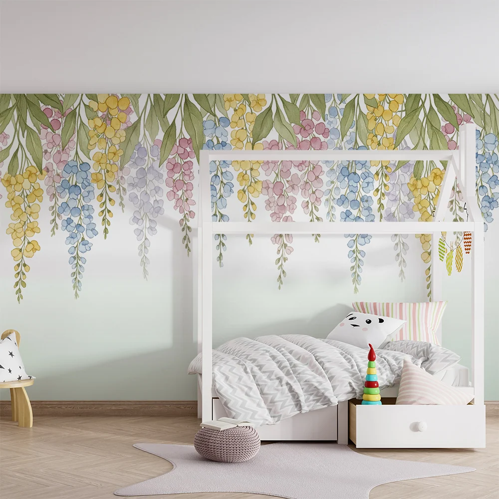 Papel de parede quarto bebê | Delicadas flores em cascata em tons pastel