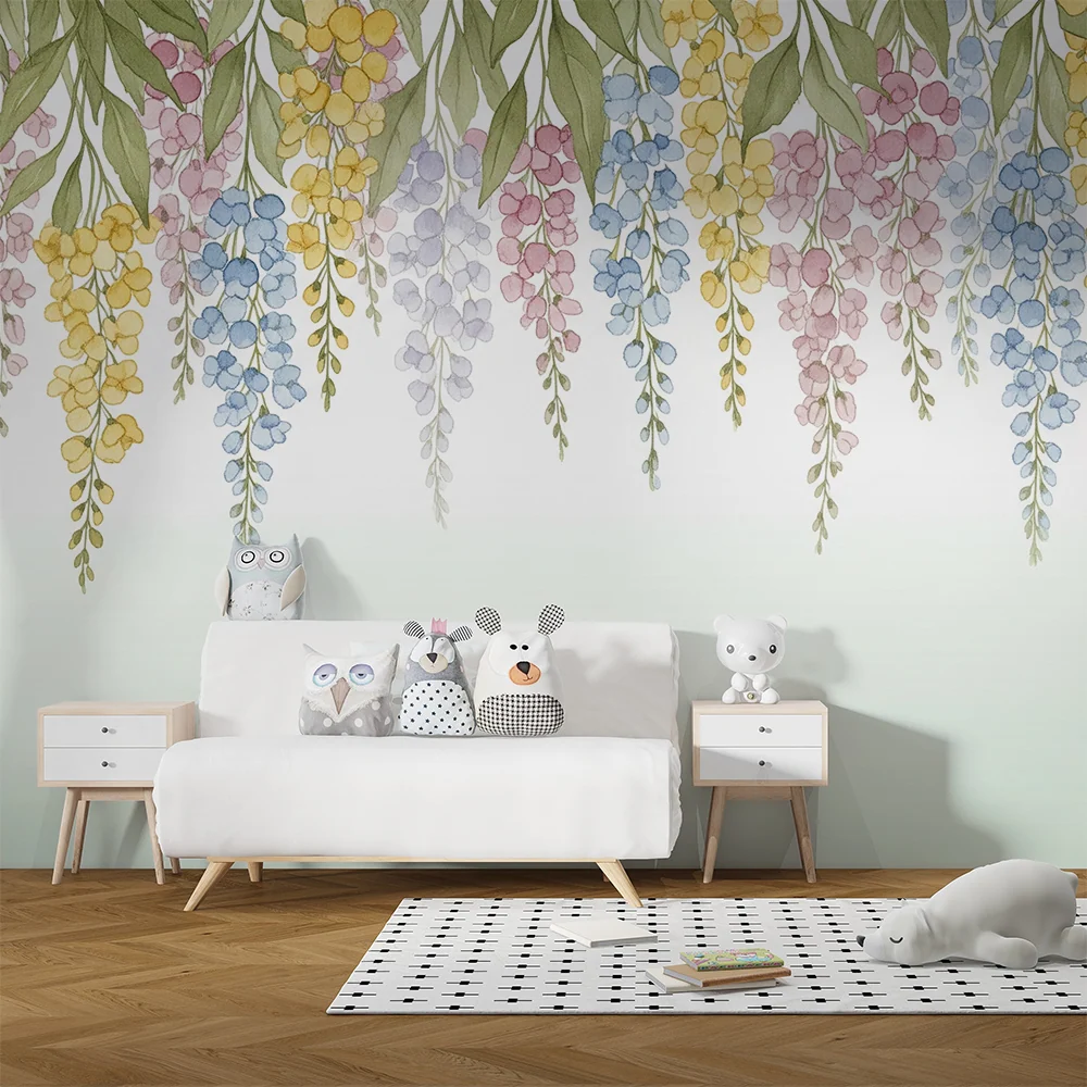 Papel de parede quarto bebê | Delicadas flores em cascata em tons pastel