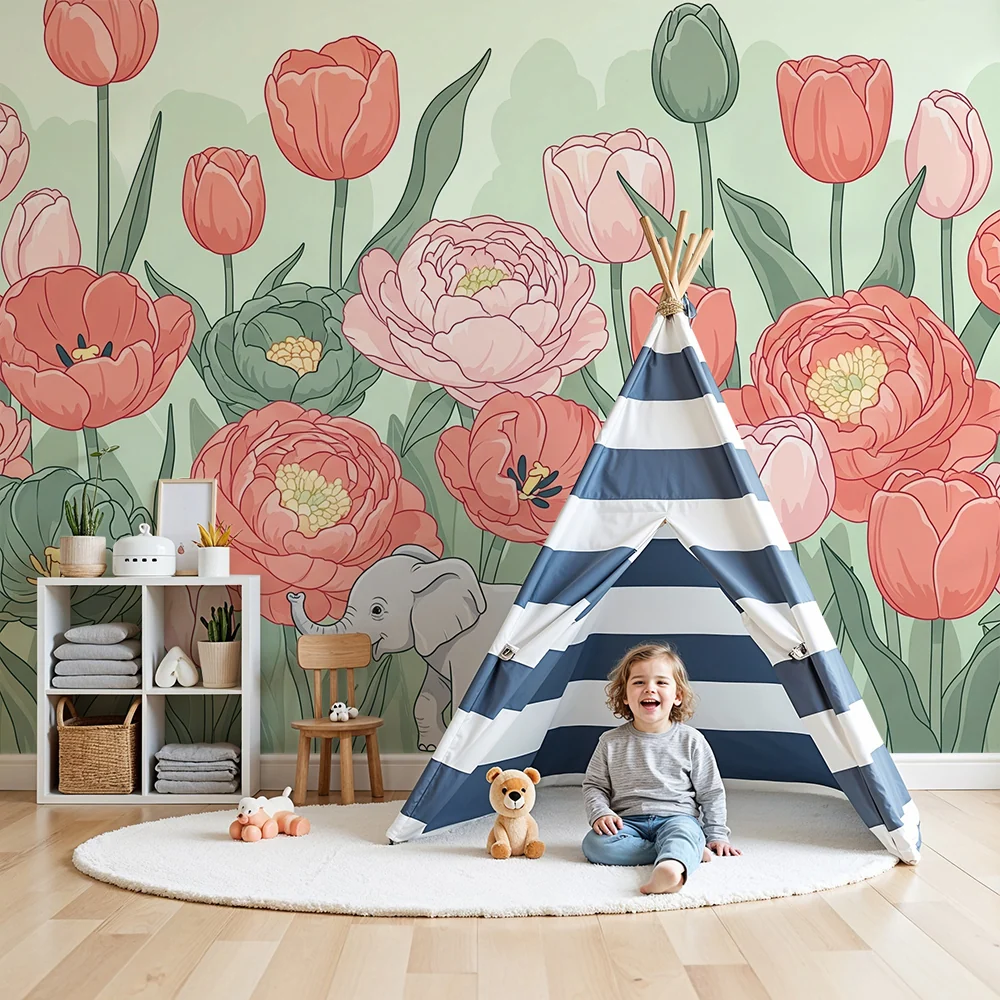 Papel de parede quarto bebê | Elegância floral e elefante fofo