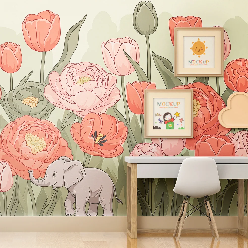 Papel de parede quarto bebê | Elegância floral e elefante fofo
