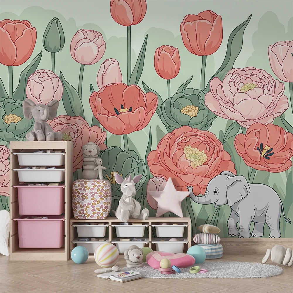 Papel de parede quarto bebê | Elegância floral e elefante fofo