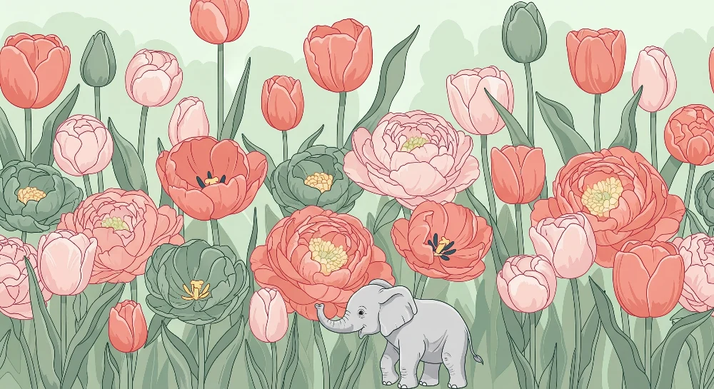 Papel de parede quarto bebê | Elegância floral e elefante fofo