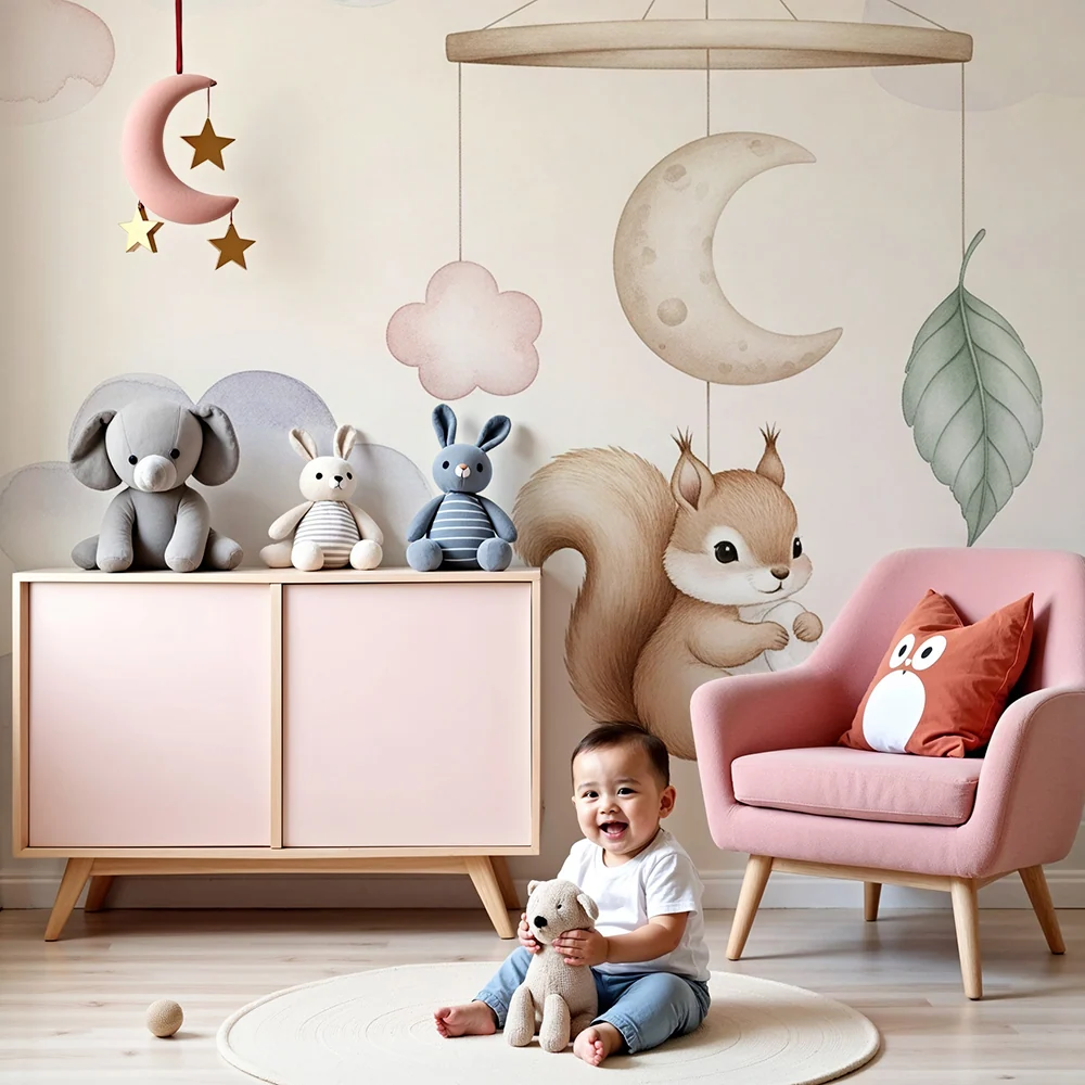 Papel de parede quarto bebê | Esquilo e nuvens suaves