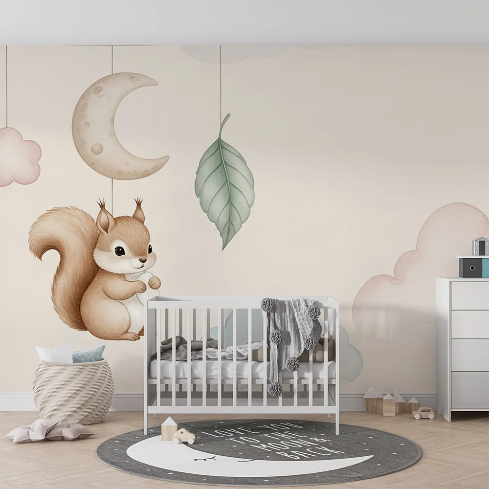 Papel de parede quarto bebê | Esquilo e nuvens suaves