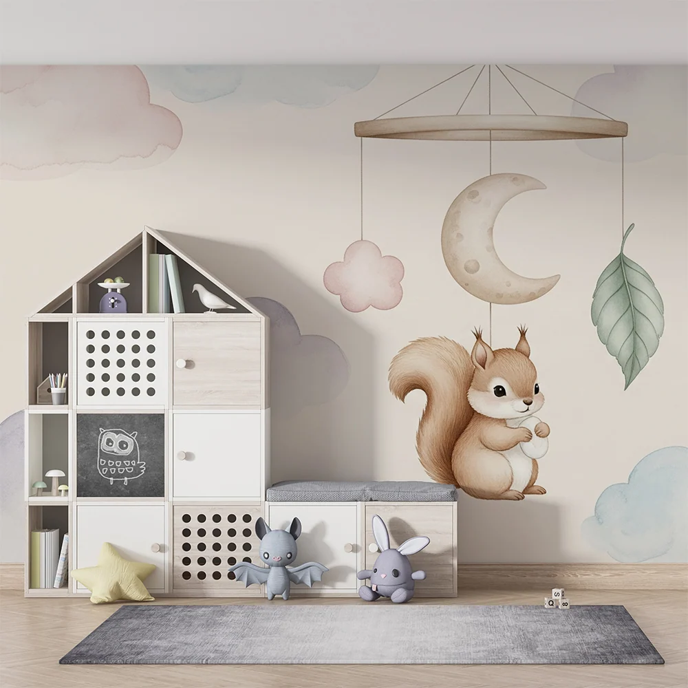 Papel de parede quarto bebê | Esquilo e nuvens suaves