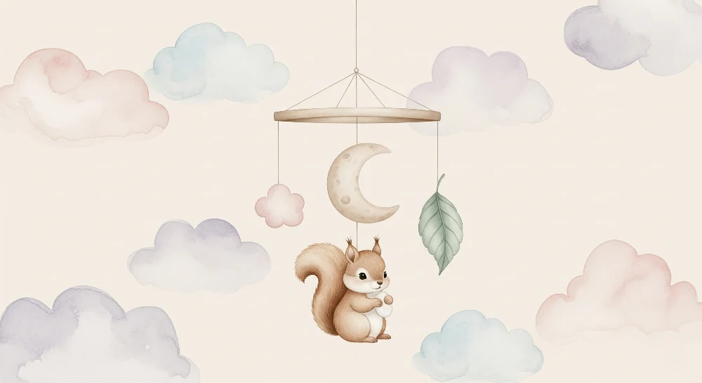 Papel de parede quarto bebê | Esquilo e nuvens suaves