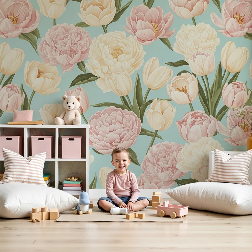 Papel de parede quarto bebê | Flores pastel e suavidade primaveril