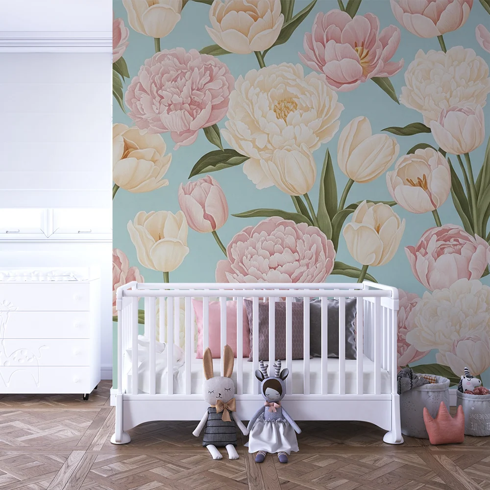 Papel de parede quarto bebê | Flores pastel e suavidade primaveril