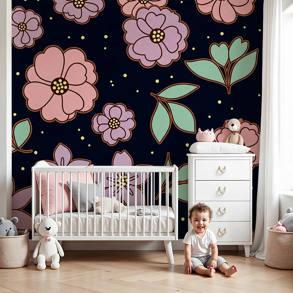 Papel de parede quarto bebê | Flores pastel em fundo escuro para um ambiente suave