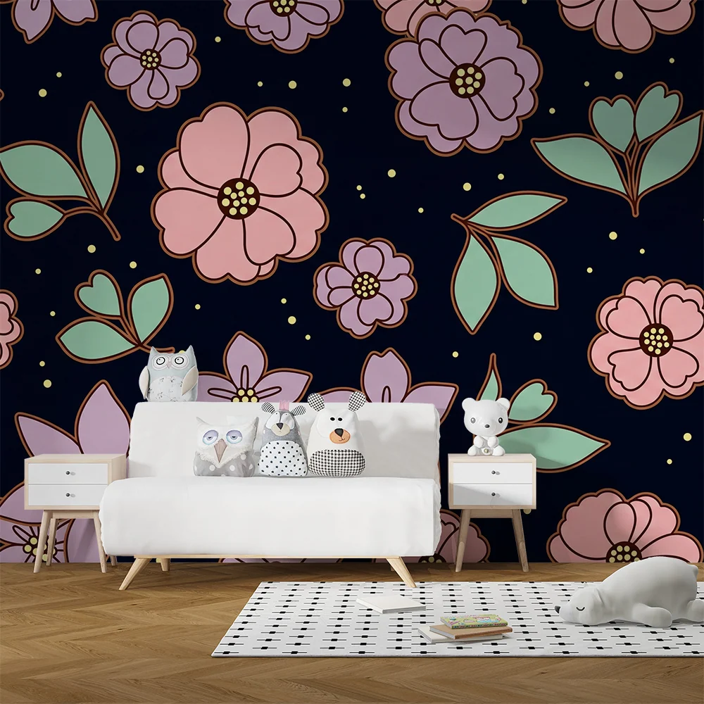 Papel de parede quarto bebê | Flores pastel em fundo escuro para um ambiente suave
