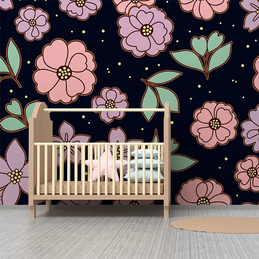 Papel de parede quarto bebê | Flores pastel em fundo escuro para um ambiente suave