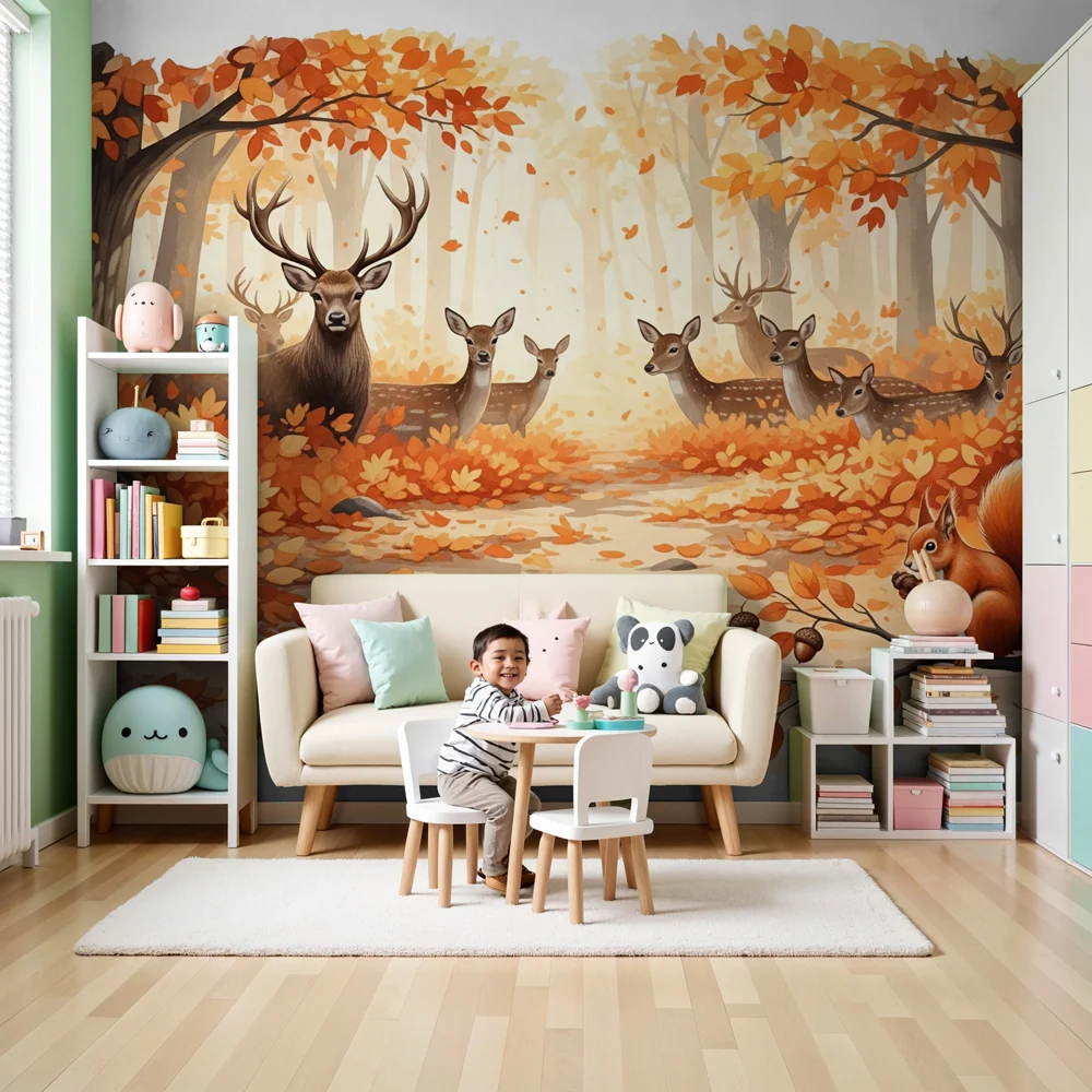 Papel de parede quarto bebê | Floresta de outono com animais