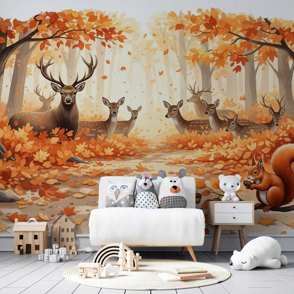 Papel de parede quarto bebê | Floresta de outono com animais